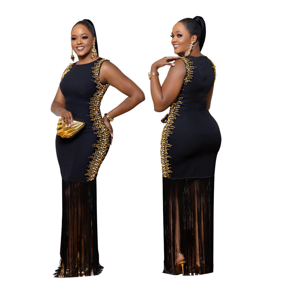 Beaded Round Neck Sleeveless Fringe Bodycon Long Party Dress Sexy Women's Clothing 3