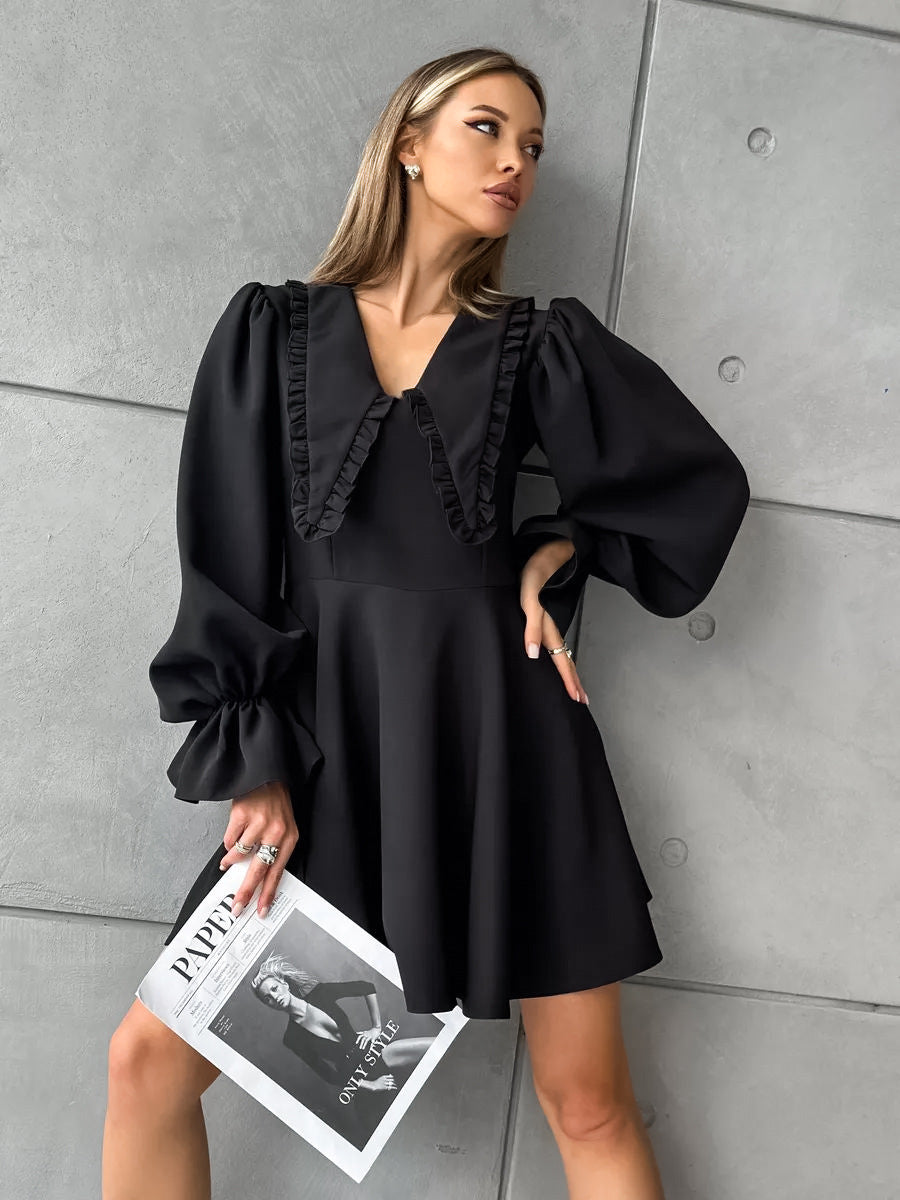 Autumn And Winter Black Sexy Turndown Collar Bell Bottom Long Sleeve Slim Short Dress 3