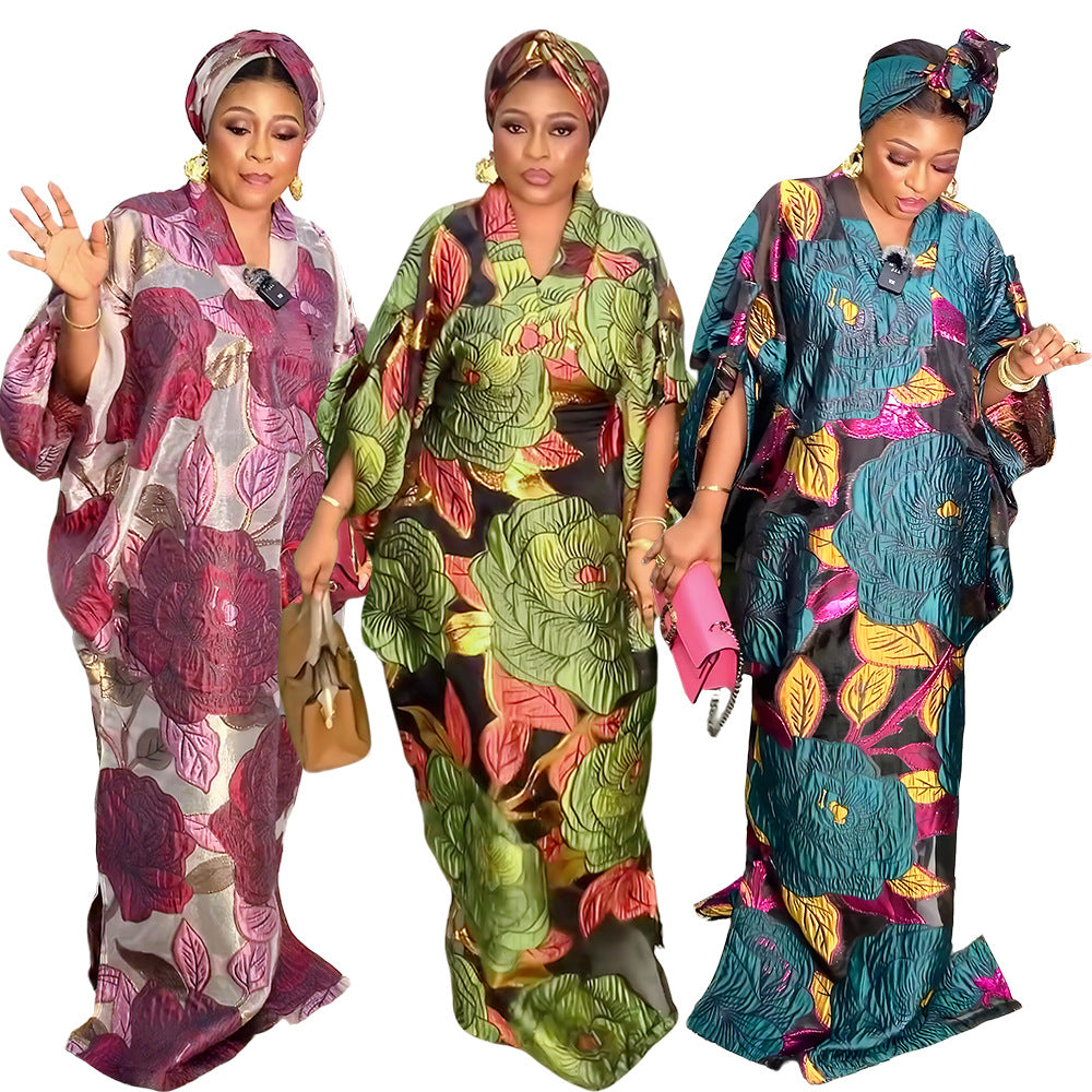 Plus Size Women African Ethnic Printed Robe and Headband Dress 10