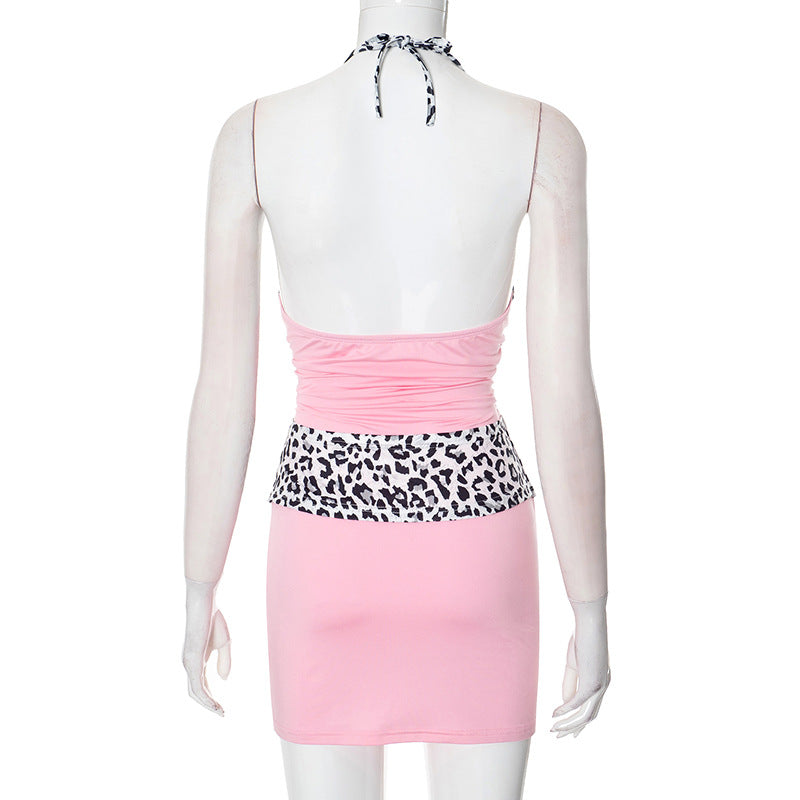 Women's Halter Deep V Neck Leopard Print Patchwork Mini Dress 6