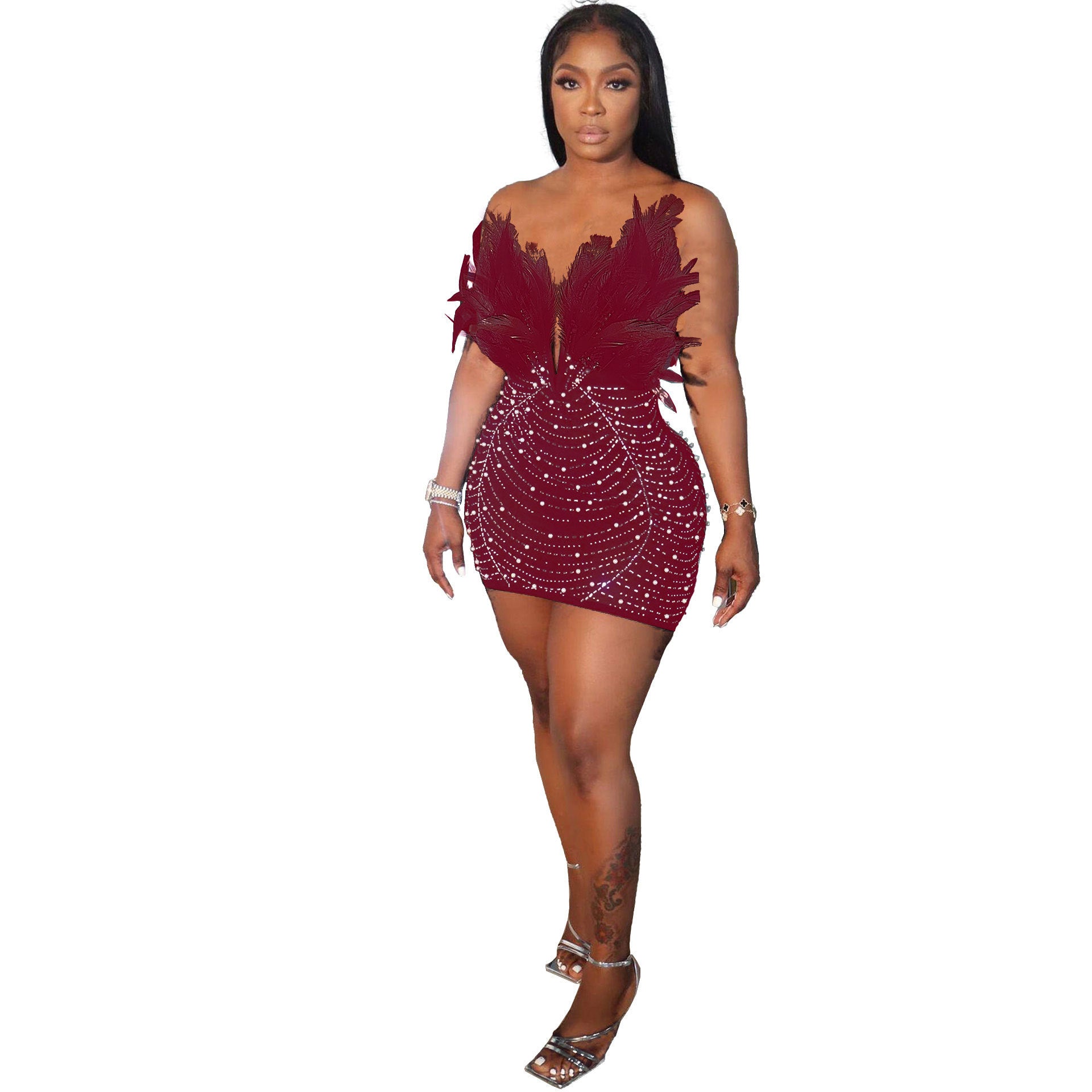 Sexy Feather Beaded Pearl Tight Fitting Bodycon Dress 9