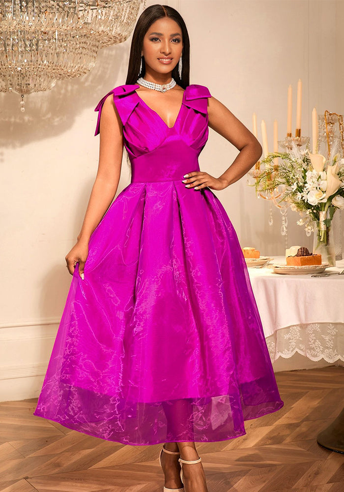 Sexy V-Neck Bow Sleeveless Dress High-Waist Elegant Formal Party Gown