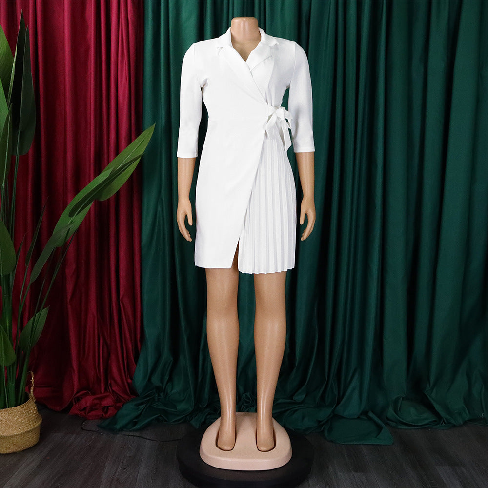 Plus Size Women's Fashion Turndown Collar Fashion Lace-Up Slim Waist Pleated African Dress 40