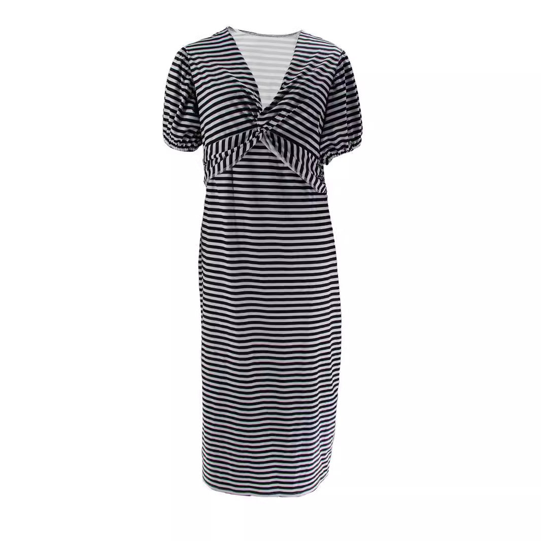 Plus Size Women summer casual cross loose striped short sleeve maxi dress