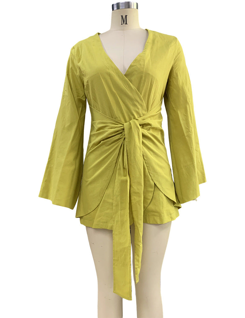 Ladies Fashion Chic Bell Bottom Sleeve V Neck Linen Dress 19