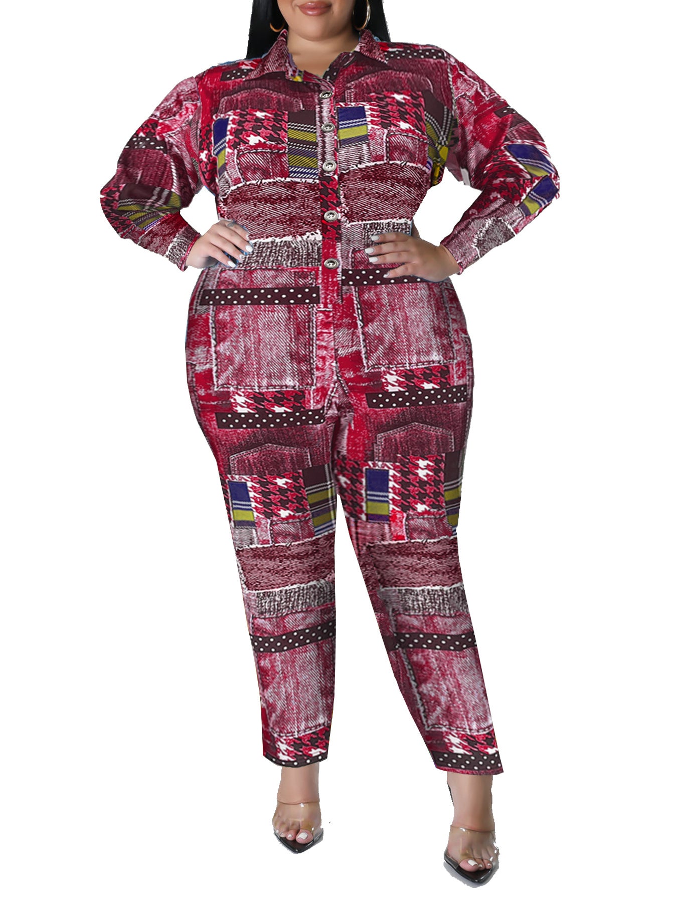 Plus Size Women's Fall Print Long Sleeve Jumpsuit 11