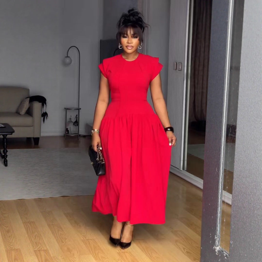 Elegant Career Stretch Slim Waist Ruffle Flutter Sleeve Midi Dress