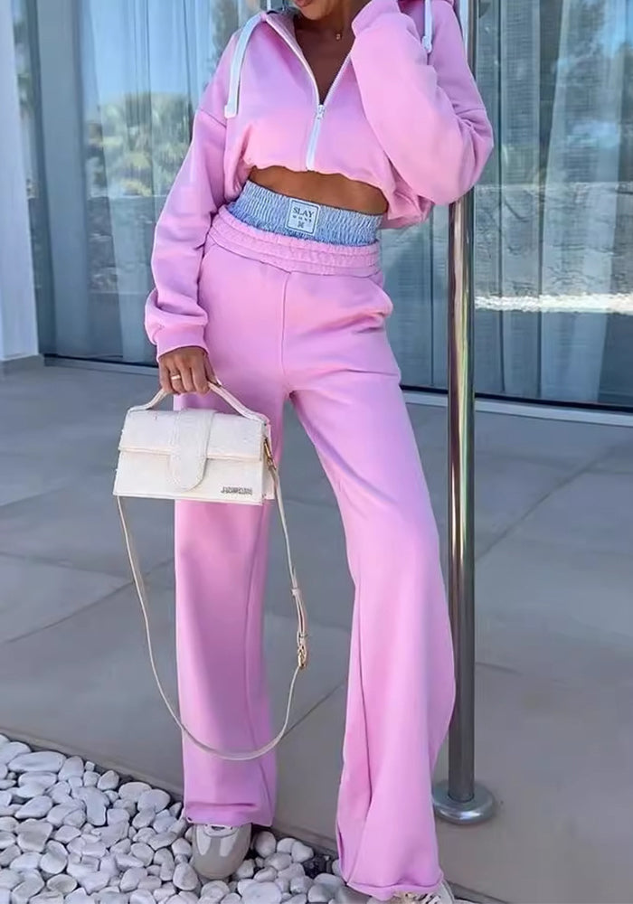 Women Fall V-Neck Athletic Solid Top and Pant Two-Piece Set