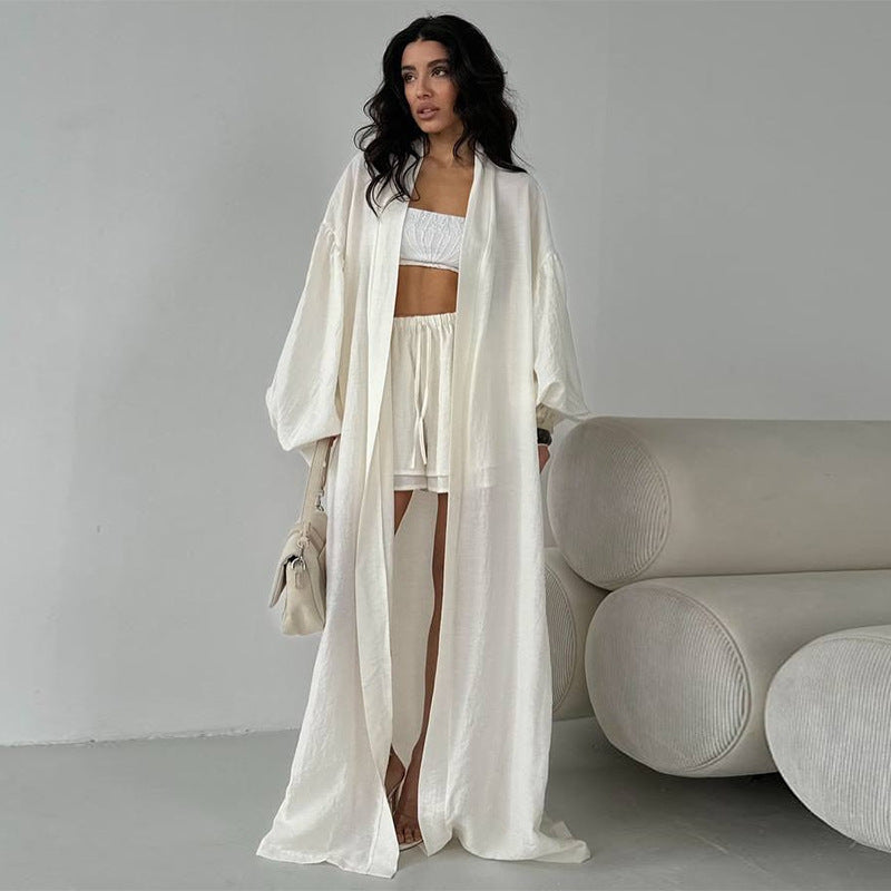 Women's Summer Fashion Lantern Sleeve Cardigan Wide-Leg Shorts Casual Set 7