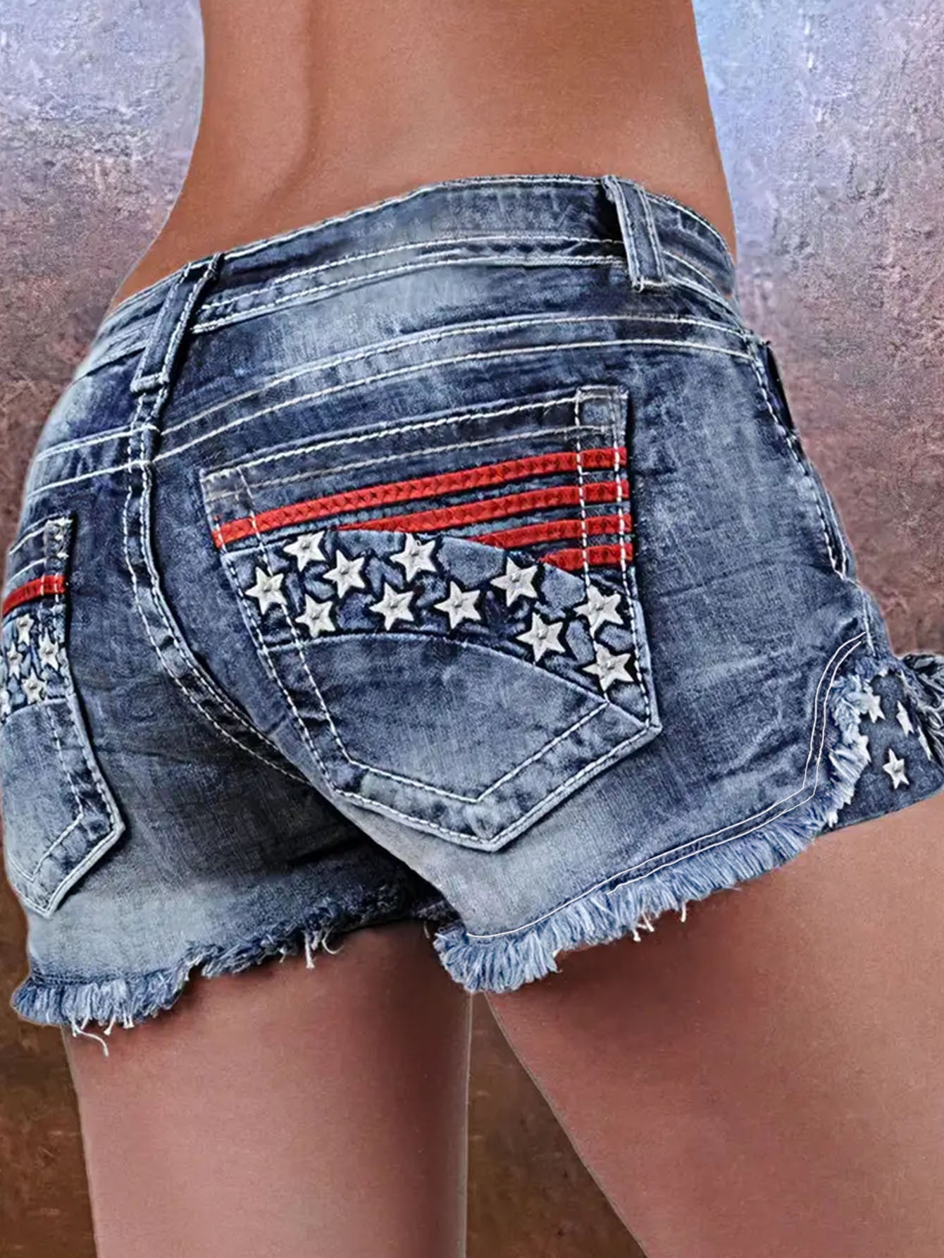 Women's Fashionable Stretch Patch Embroidered Ripped Denim Shorts