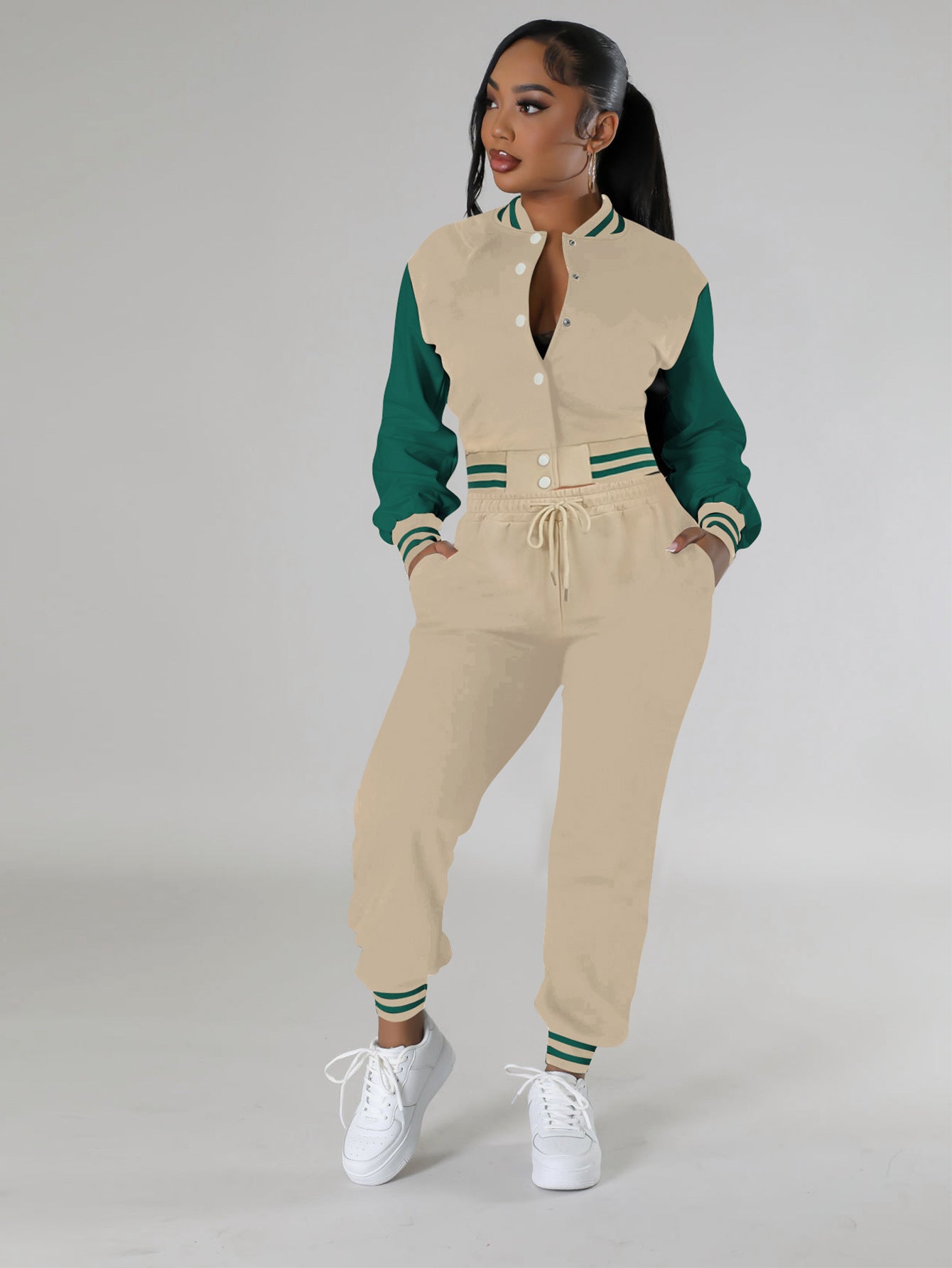 Women Patchwork Baseball Jacket and Pants Two-piece Set 3