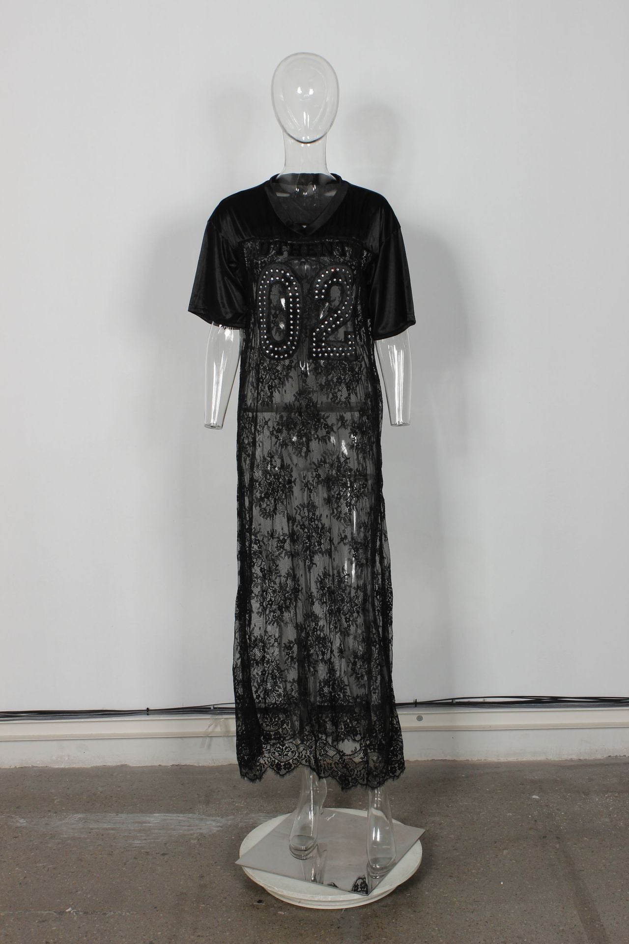 Fashion Loose V-Neck Hollow Lace Patchwork Casual Short-Sleeved Long Dress for Women 8