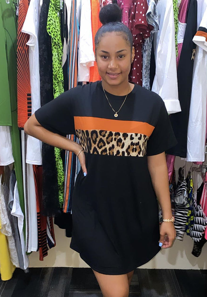 Women clothing spring and summer leopard color matching short-sleeved dress