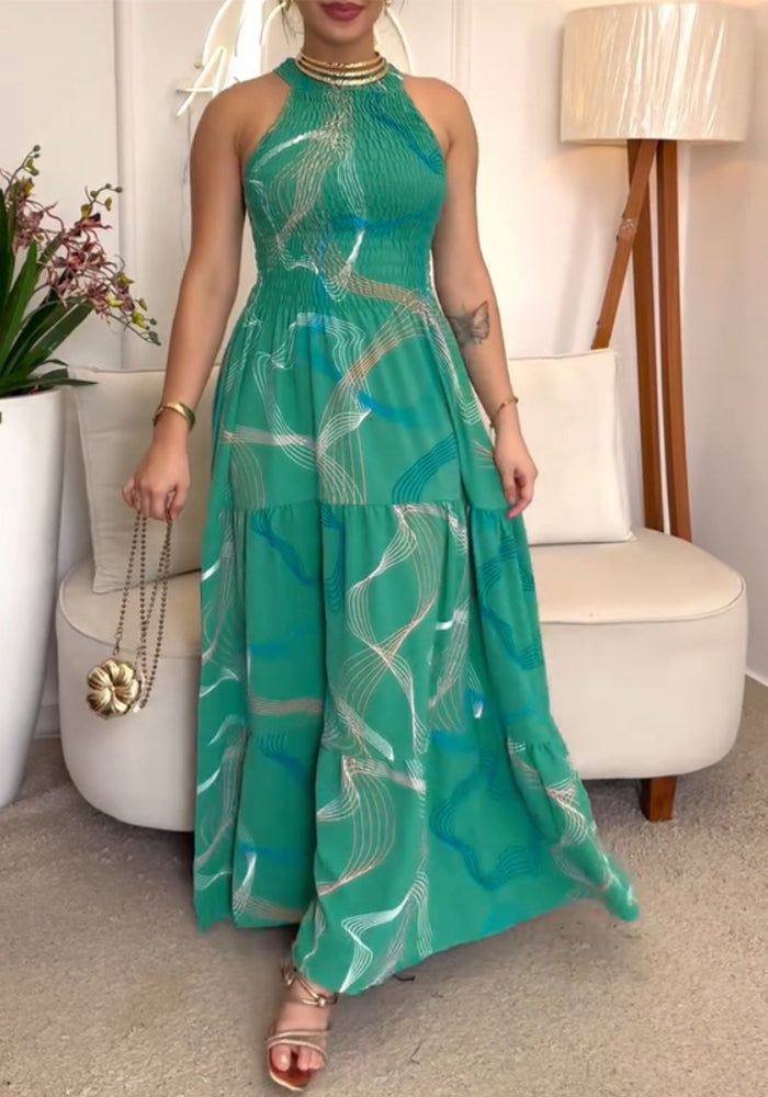 Fashion Halter Neck Sleeveless Slim Waist Print Maxi Dress