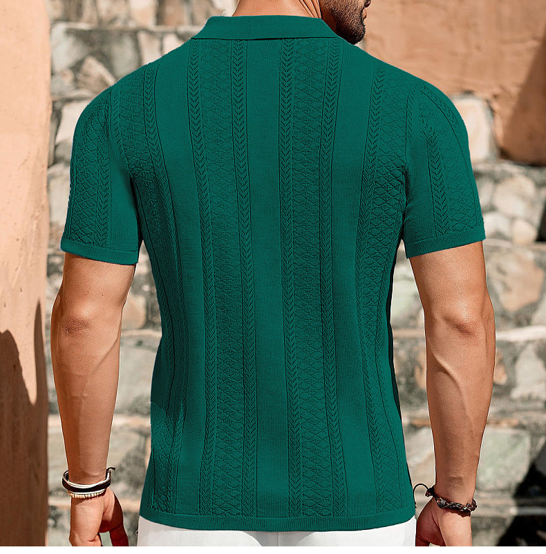 Men's Summer Short Sleeve Striped Hollow Casual Polo Top 7