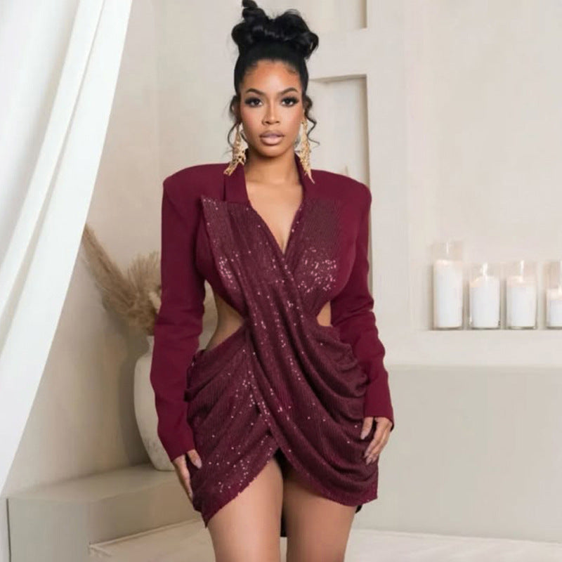 Women Fall Solid Sequined Long-Sleeved Elegant Patchwork Dress 10