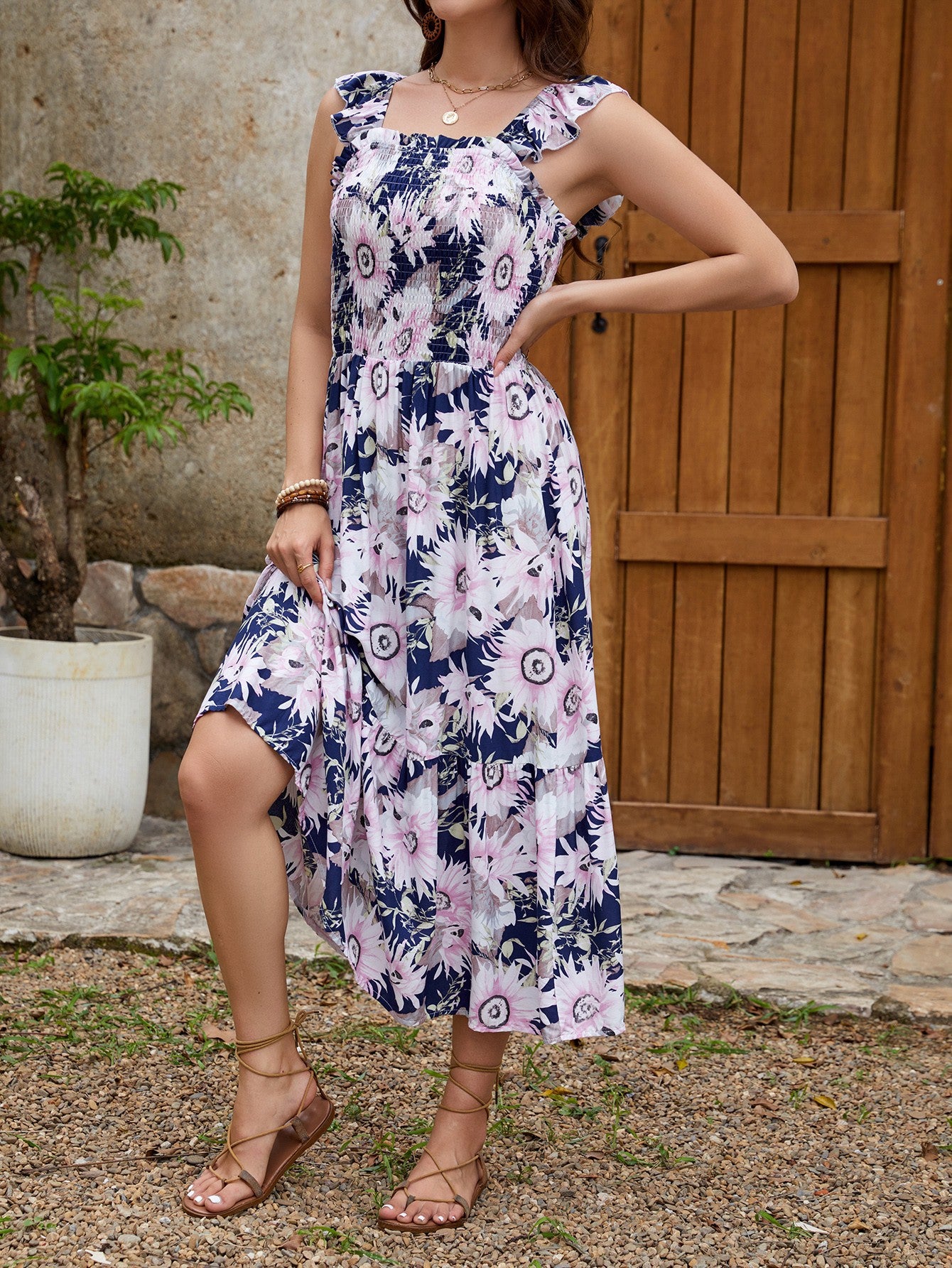 Women Large Flower Ruffle Sleeve Bohemian Beach Holidays Suspender Dress 7