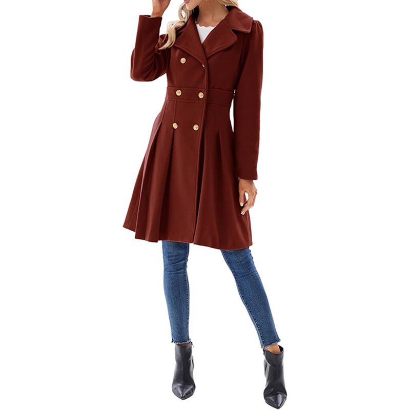 Women Fall and Winter Turndown Collar Double-Breasted Pocket Windbreaker 72