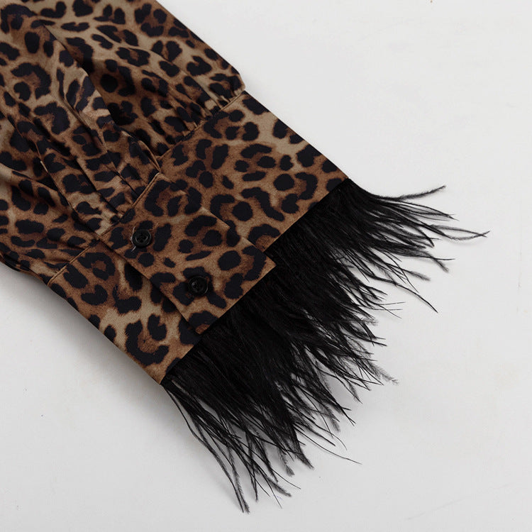 Women Leopard Print Patchwork Feather Long Sleeve Shirt Wide Leg Pants Two-Piece Set 7