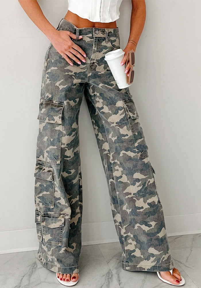 Women Fall/Winter Cargo Pocket Casual Camouflage Wide-Leg Pant