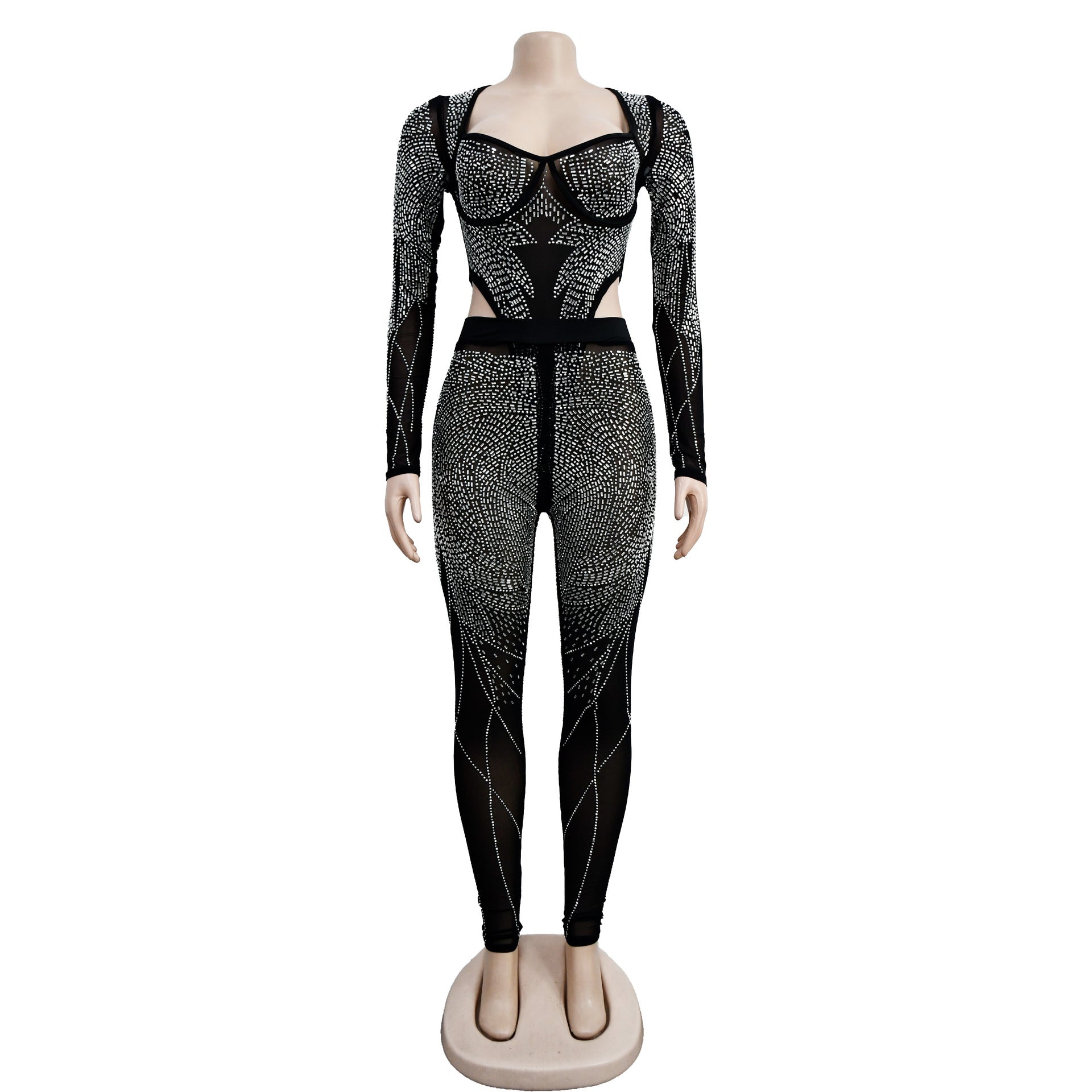 Ladies' Fashion Solid Mesh Beaded Long Sleeve Jumpsuit 15