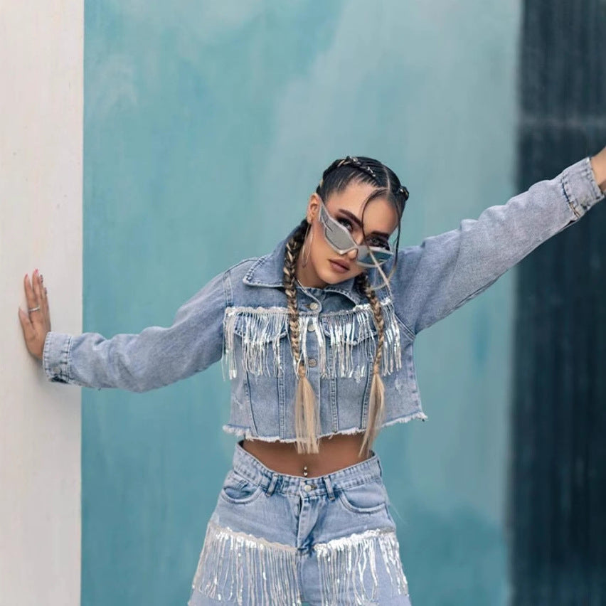 Women's Chain Tassels Decor Street Trend Denim Jacket