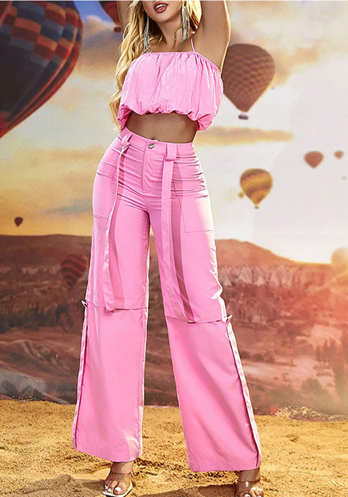 Spring Summer Sexy Camisole Loose Straight Trousers Casual Holidays Two Piece Set