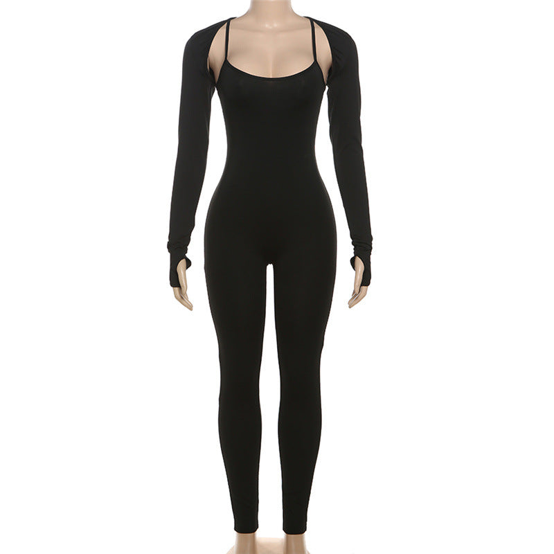 Summer Fashion Sexy Tight Fitting Slim Fit Strap Jumpsuit Long Sleeve Cape Top Set 6