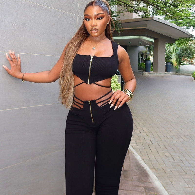 Women sexy black sleeveless Top Lace-Up Pants two-piece set