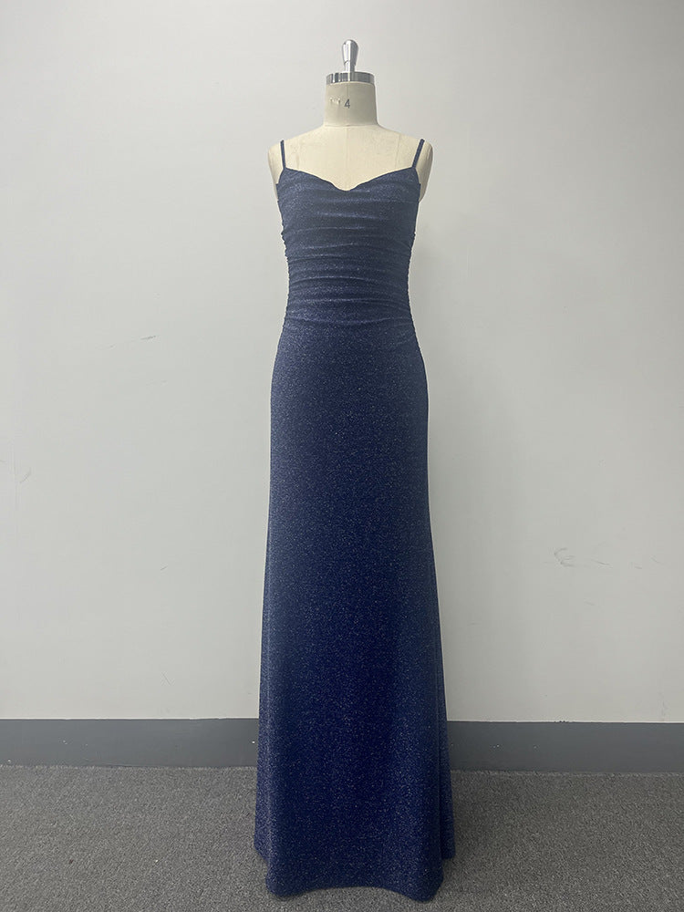 Women elegant suspender v-neck pleated shiny bright fishtail evening dress 10