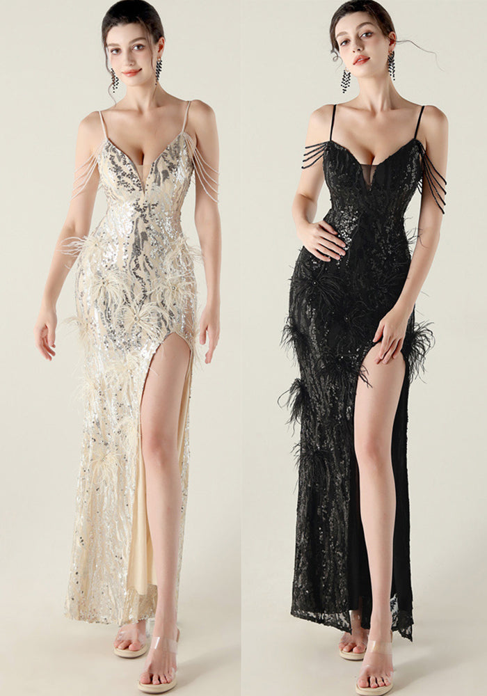 Plus Size Women clothing feather embroidery sequins beaded diamond chain sling V Neck fishtail evening dress