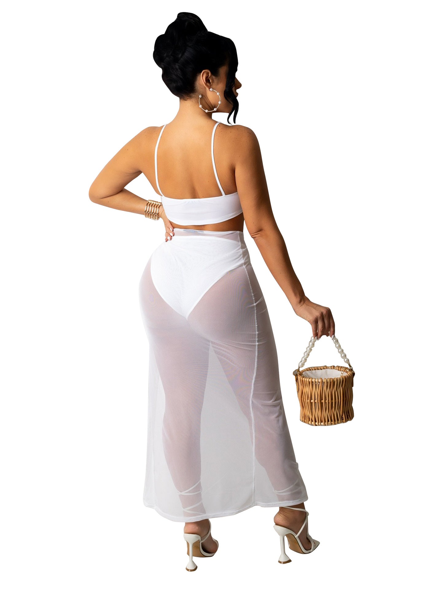 Women Sexy Suspender Crop Top and Slit Skirt Two-piece Set 14