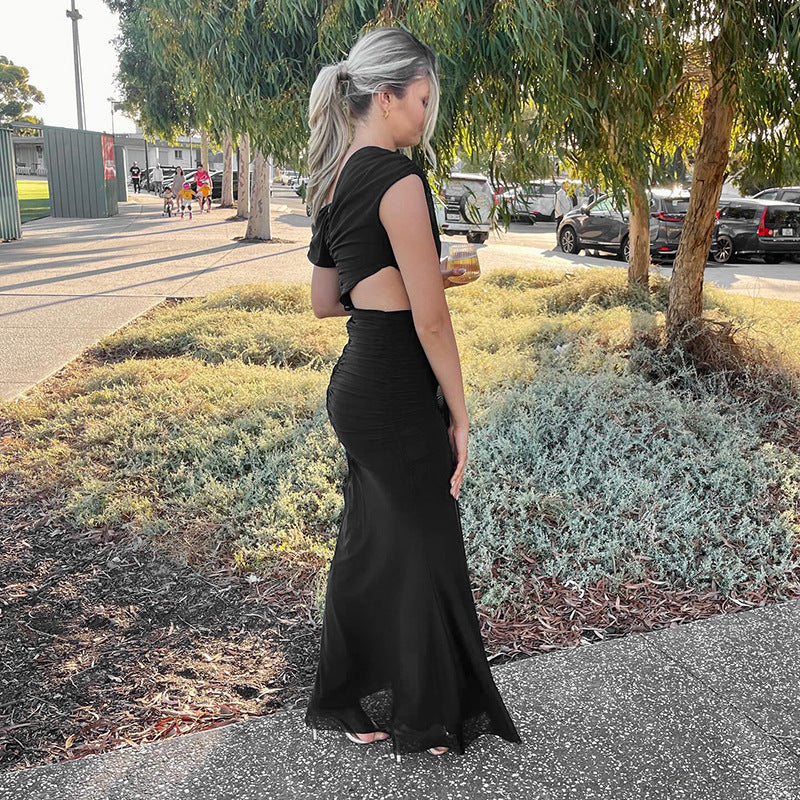 Spring Elegant Solid Color Slash Shoulder Sleeveless Long Dress 6