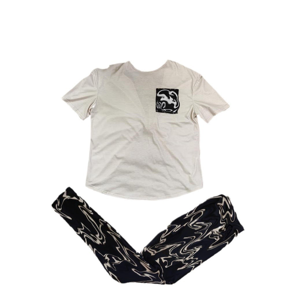 Women's Spring Printed Low Back T-shirt Pants Casual Two Piece Set 5