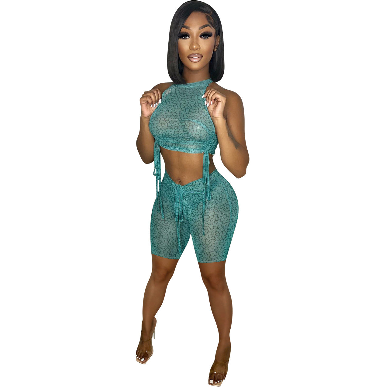 Women's Sexy Print See-Through Drawstring Dress 12