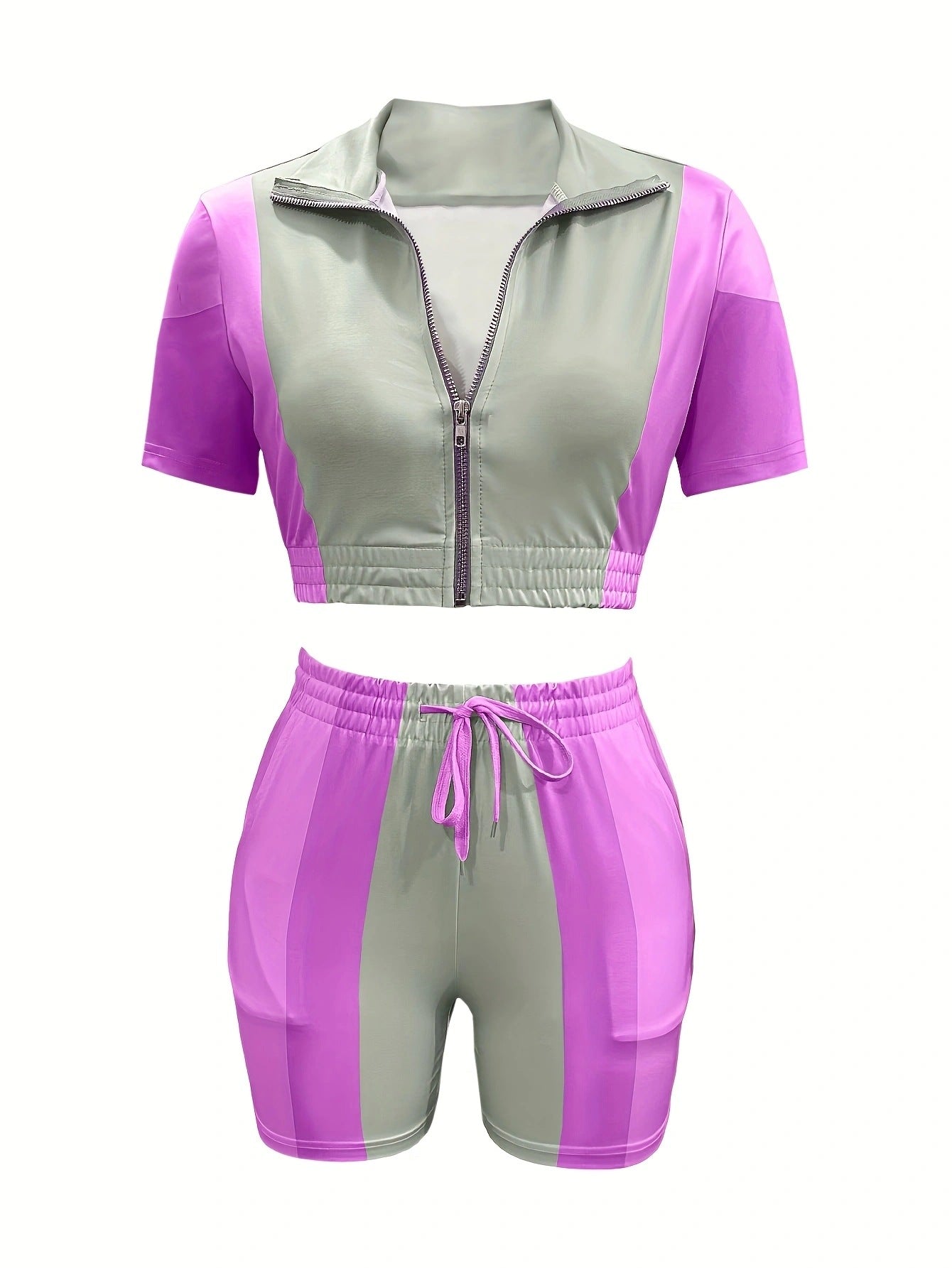 Spring and Summer Women's Zipper Elastic Short Sleeve Casual Drawstring Pocket Two-Piece Shorts Set 9