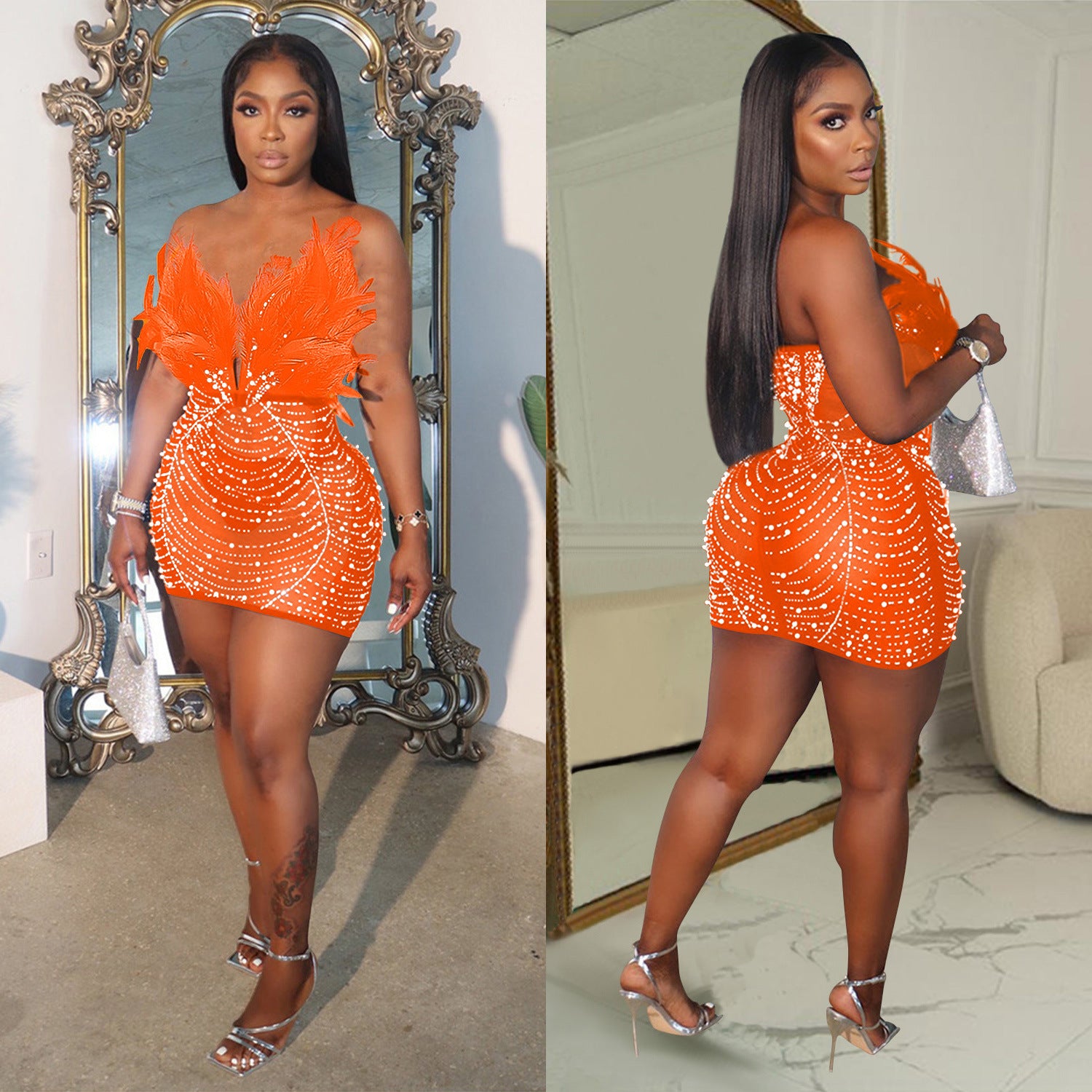 Fashion Women's Solid Color Mesh Beaded Feather Dress 6