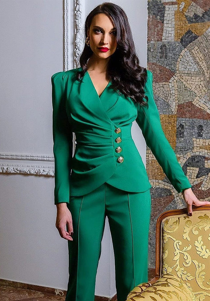 Autumn Sexy Green V-Neck Button-Down Office Long Sleeve Top Straight Leg Pants Two-Piece Set