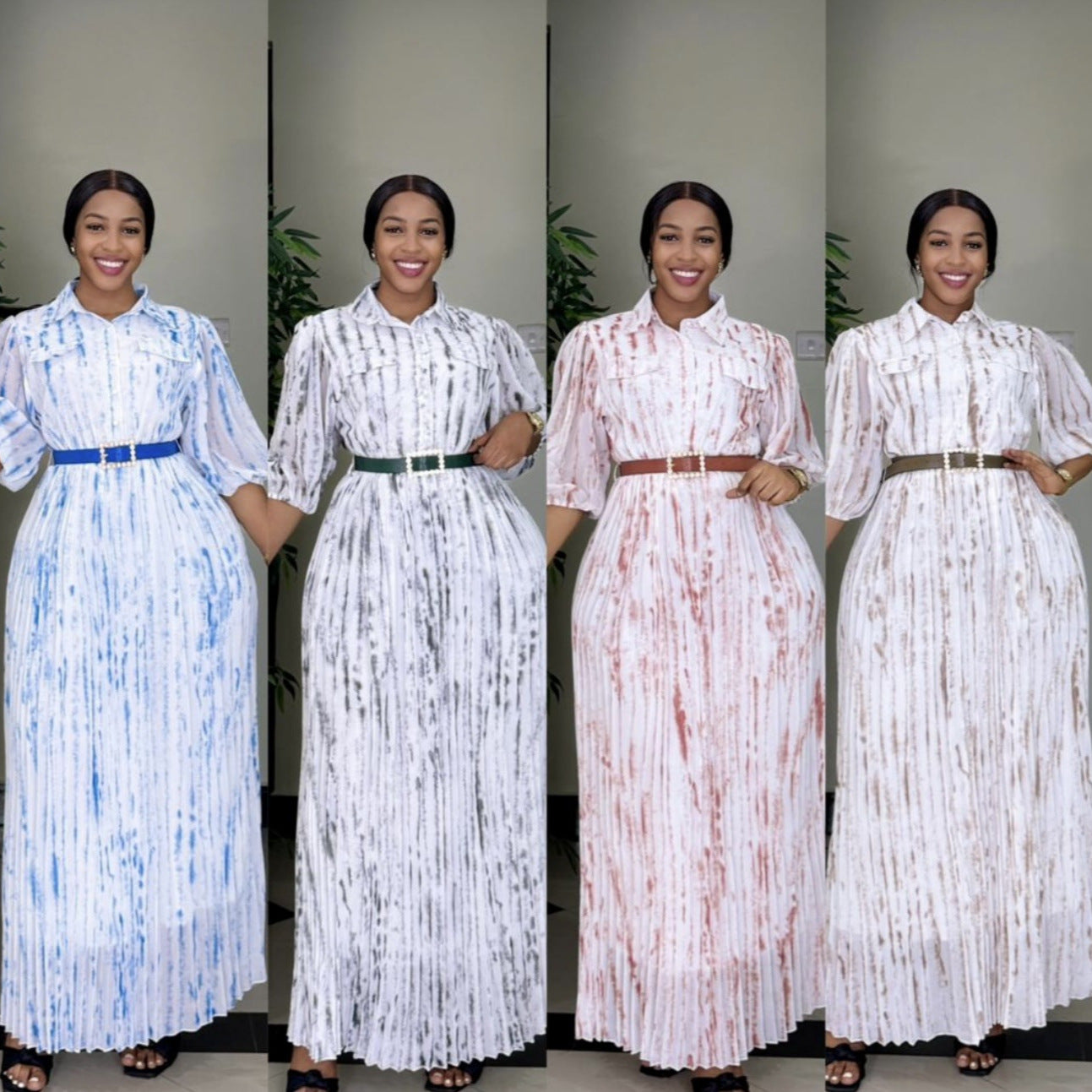 African Women Printed Turndown Collar Long Sleeve Chiffon Dress with Belt 8