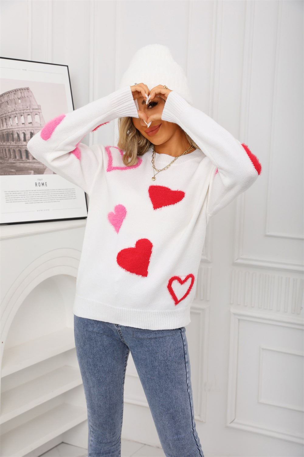 Spring Sweater Heart Print Valentine's Day Sweater Round Neck Knit Pullover Top 8