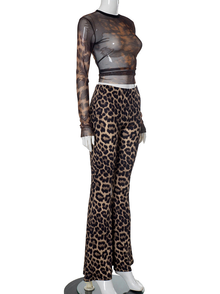 Women autumn sexy leopard print crop top and pant two piece set 8