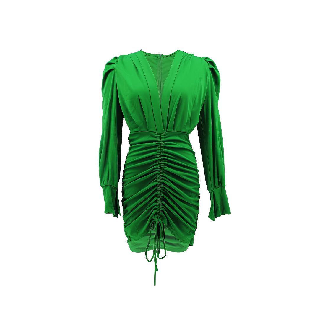 Women Sexy V Neck Pleated Slit Bodycon Dress 4