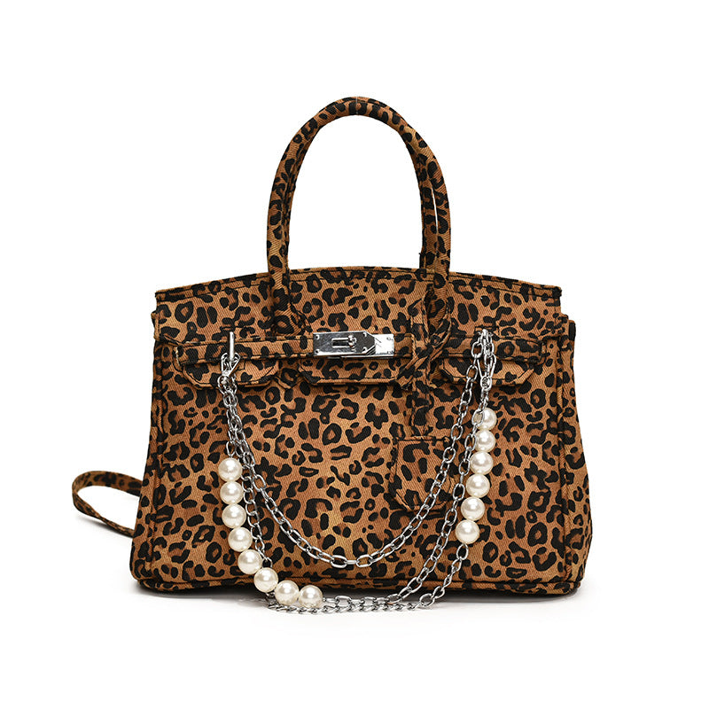 Women French leopard platinum handbag pearl chain shoulder messenger bag 3