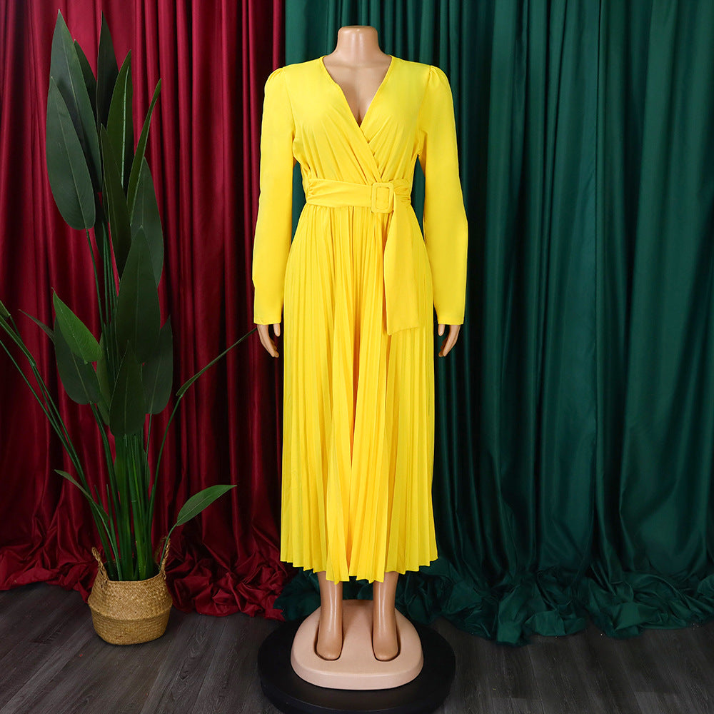 V-Neck Chic Elegant Slim Waist Belted Pleated High Waist Plus Size Dress 24