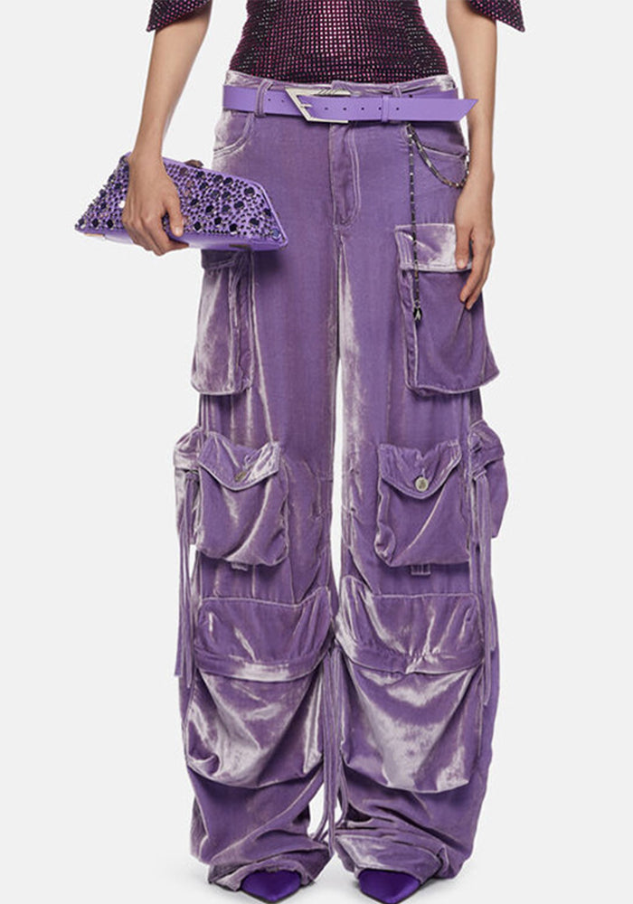 Women Fall Patchwork Pocket  Velvet Pants Straight Leg Cargo Pants