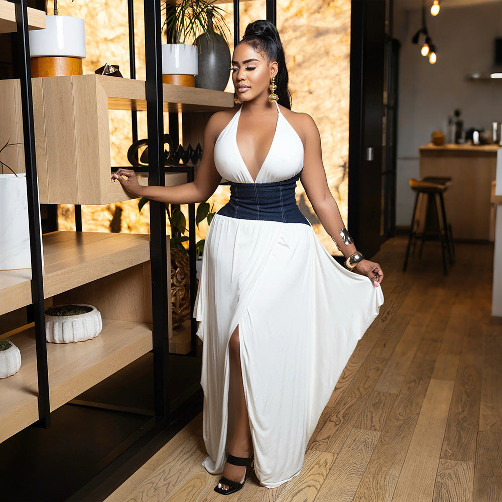 Women Slit Irregular Patchwork V-neck Dress 5