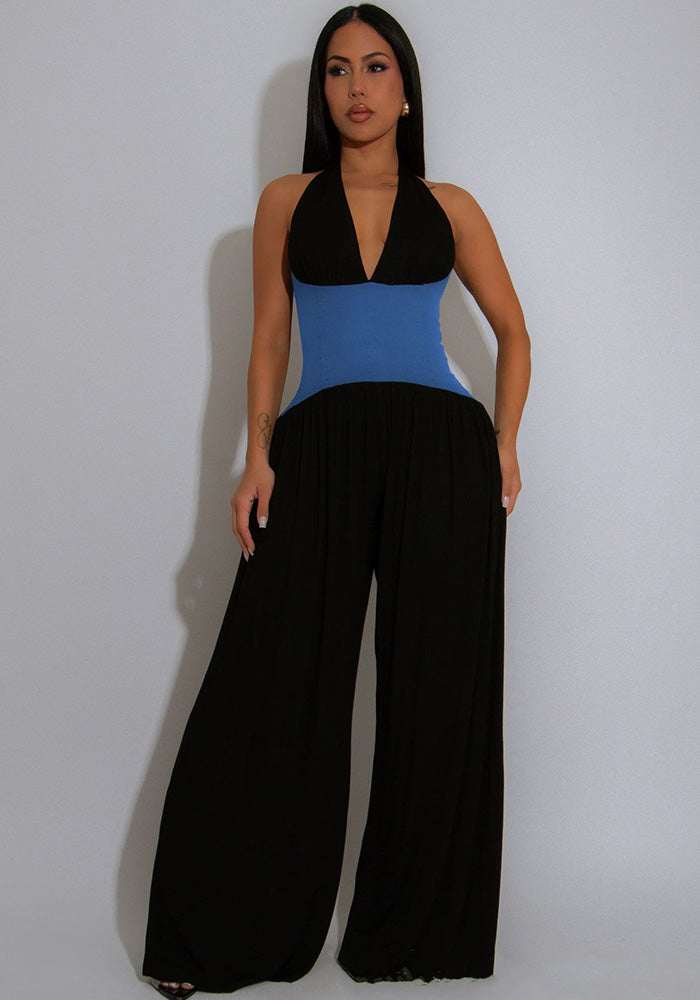 Women Halter Neck Sleeveless Patchwork Wide-leg Jumpsuits