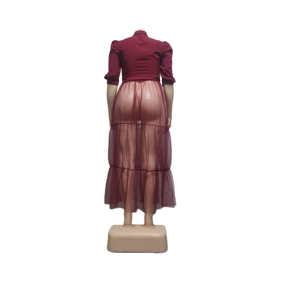 See-Through Mesh Cake Dress Plus Size Belted Breathable Short Sleeve Dress 13