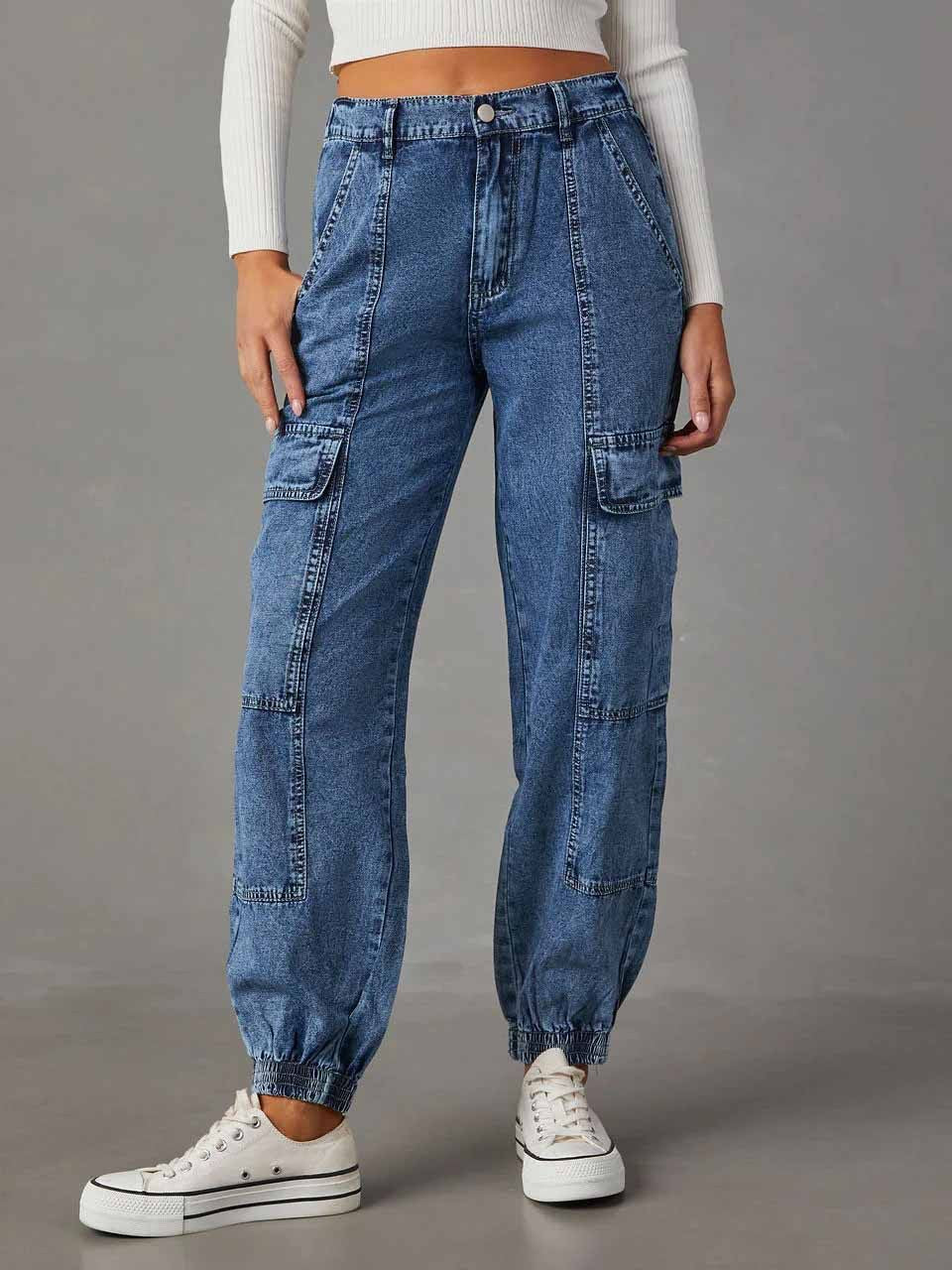 Cargo Denim Pants Women's Autumn Fashion Casual Elastic Waist Loose Women's Jeans 3