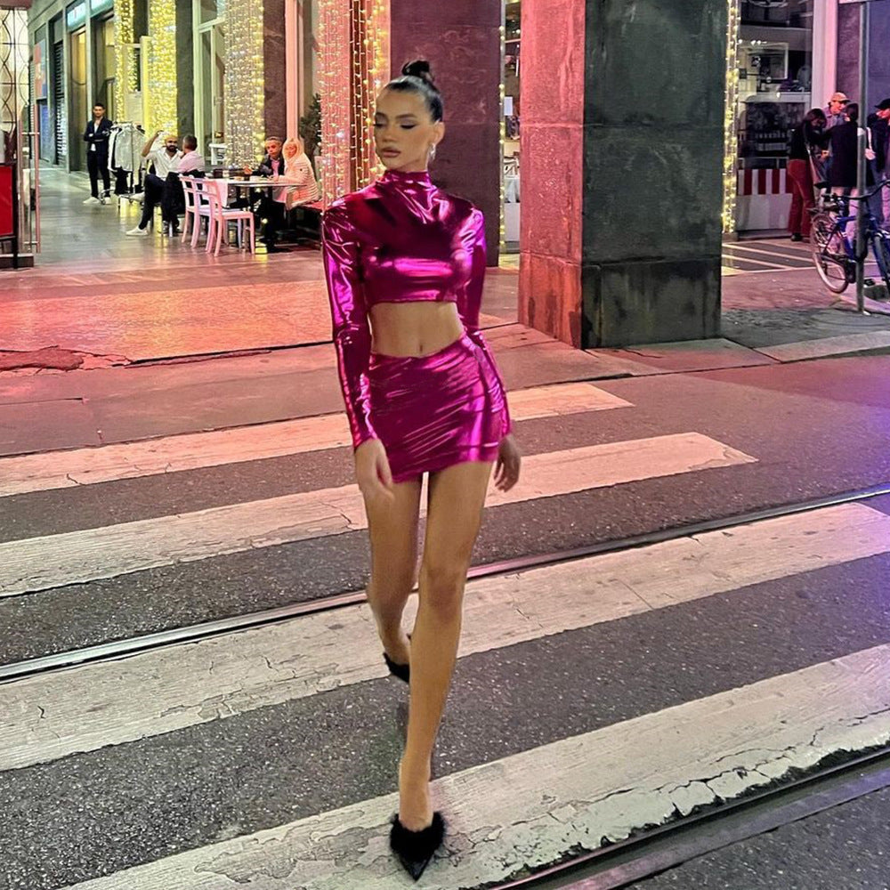 Autumn Sexy Rose Red Slim Long Sleeve Crop Two Piece Skirt Set 4